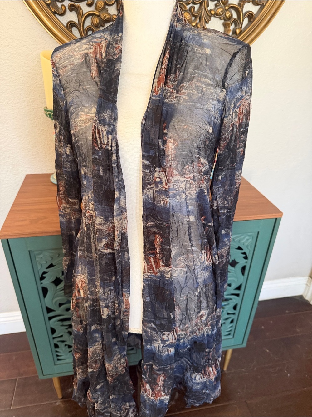 Women’s Lagenlook Navy burgundy & Gray Abstract Open-Front Drape cardigan NWOT